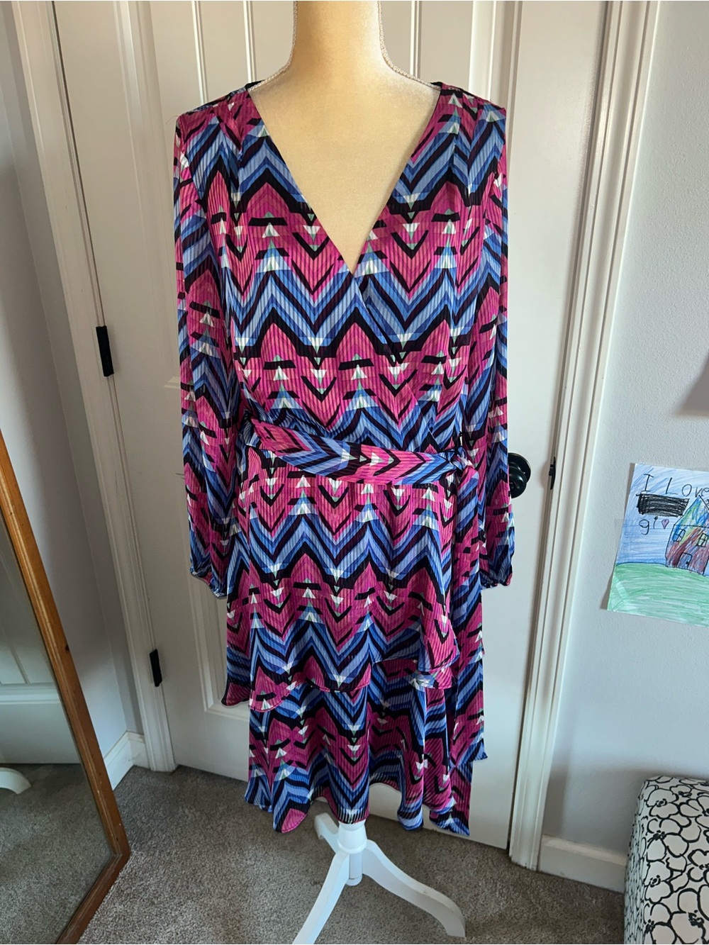 NEW Tahari ASL Pink and Blue Chevron Faux Wrap Dress Sz 16